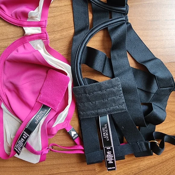 2 New Victoria Secret Bras Unlined 34DD/E Black Strappy Pink Mesh Satin